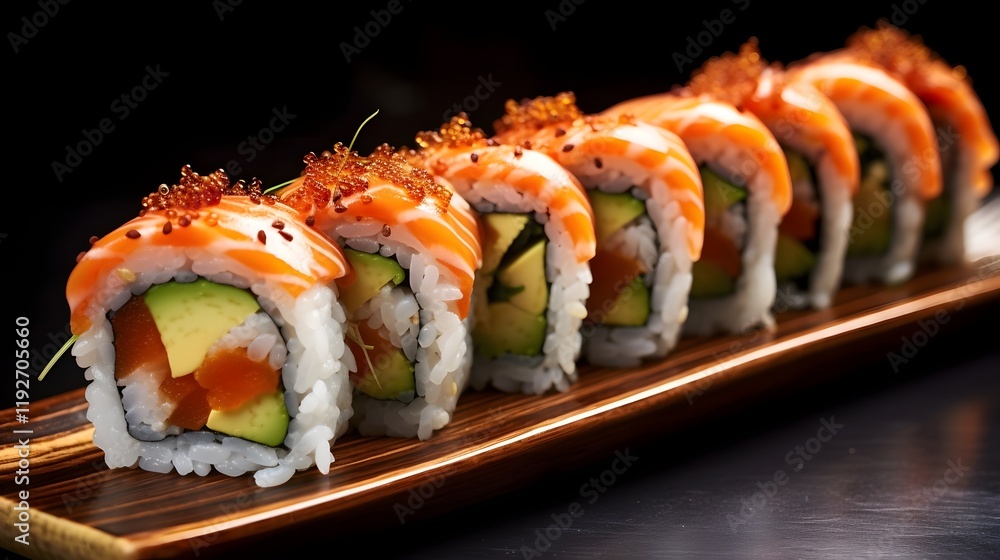 Closeup photograph showcasing a delicious and beautifully presented sushi roll filled with fresh salmon and creamy avocado The vibrant colors intricate textures Closeup photograph showcasing a delicious and beautifully presented sushi roll filled with fresh salmon and creamy avocado The vibrant colors intricate textures