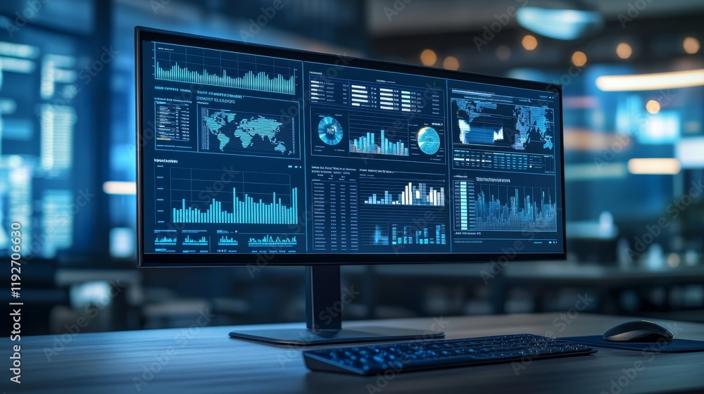 Close-Up of Computer Screen with Interactive Dashboard Showing Graphs, Charts, and Data Visualizations for KPI Analysis, Business Strategy, Data Analytics, Technology, Corporate Decision-Making Close-Up of Computer Screen with Interactive Dashboard Showing Graphs, Charts, and Data Visualizations for KPI Analysis, Business Strategy, Data Analytics, Technology, Corporate Decision-Making