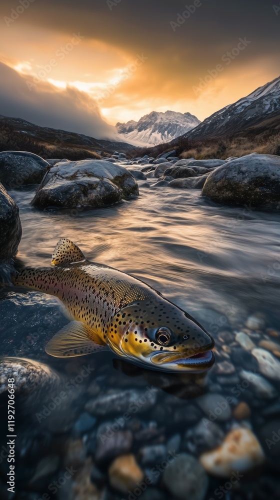 Fototapeta premium Brown Trout in Mountain Stream at Sunset