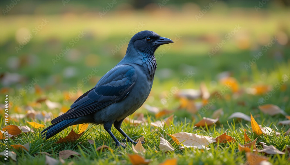 Black Crow Standing Among Fallen Autumn Leaves in a Sunlit Park Black Crow Standing Among Fallen Autumn Leaves in a Sunlit Park