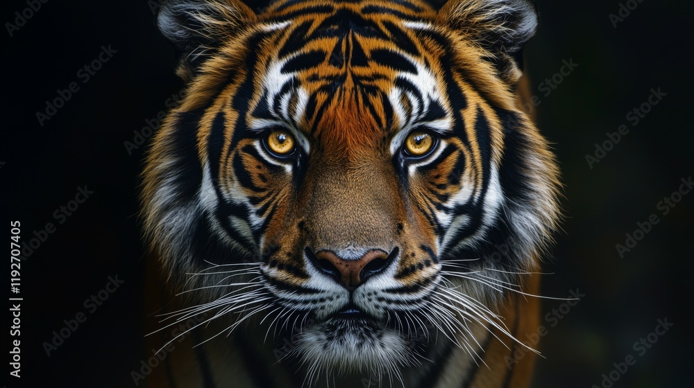 Fototapeta premium Intense Tiger Stare Close-Up in Darkness