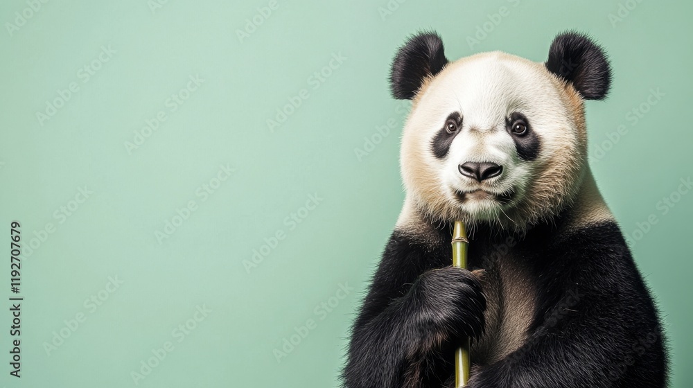 Naklejka premium Giant panda holding bamboo against a green background with curious expression