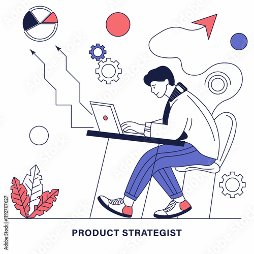 A man is sitting at a desk with a laptop for product strategist concept