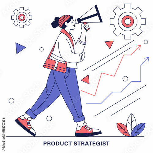 A woman is holding a megaphone and walking for product strategist concept