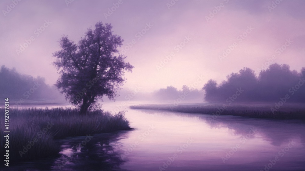 Serene Purple Dawn River Landscape With Solitary Tree Serene Purple Dawn River Landscape With Solitary Tree