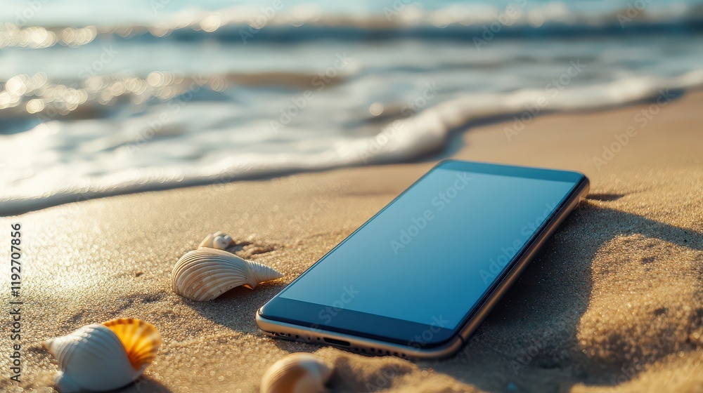 Tranquil Sandy Beach Scene with a Blank Screen Mobile Device Reflecting Soft Golden Sunlight and Seashells Near Gentle Ocean Waves Tranquil Sandy Beach Scene with a Blank Screen Mobile Device Reflecting Soft Golden Sunlight and Seashells Near Gentle Ocean Waves
