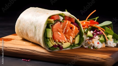 A creative and nutritious salmon poke wrap filled with an array of fresh colorful ingredients like avocado mango cucumber and edamame for a perfectly balanced and delicious meal or snack photo