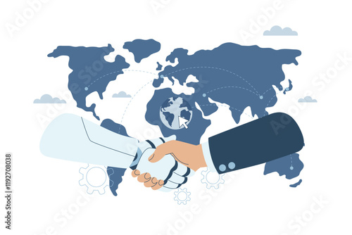 Handshake between human and robot on the world map, Robotic AI and businessman shaking hands, Online collaboration between humans and artificial intelligence, Technological advancement, Vector.