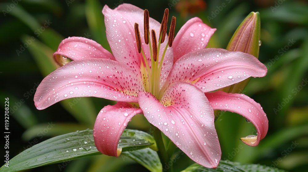 Pink lily flower with dew drops on petals and leaves, close-up. Pink lily flower with dew drops on petals and leaves, close-up.
