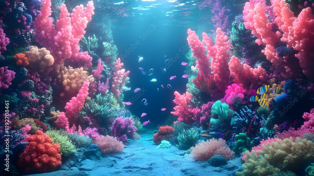 Fototapeta premium An otherworldly ocean scene with bioluminescent coral in shades of neon pink, blue, and green, casting an ethereal glow on the surrounding water. Vibrant, neon fish dart between the coral, adding 