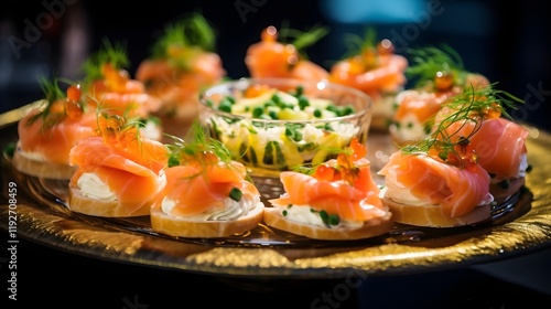 Beautifully arranged salmon hors d oeuvres served on an elegant platter perfect for an upscale event or The delicious savory seafood bites are presented in a sophisticated and appetizing manner photo