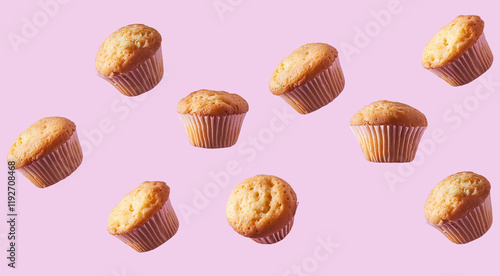 9 classic muffins fly on pink background. Set of isolated muffin assortment from different angles for cafe and bakery photo