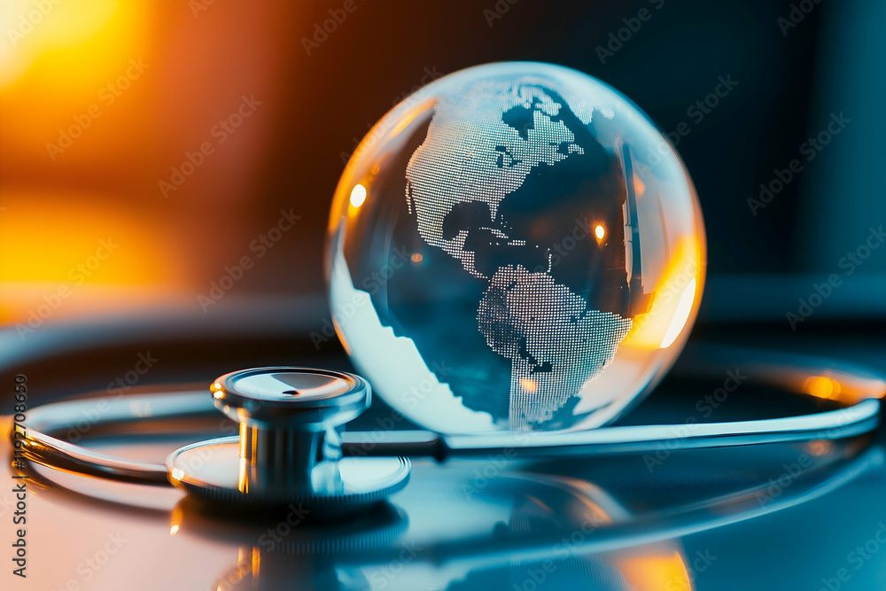 A glass sphere reflects a stethoscope, symbolizing healthcare and global wellness, with warm light creating an inviting atmosphere. A glass sphere reflects a stethoscope, symbolizing healthcare and global wellness, with warm light creating an inviting atmosphere.