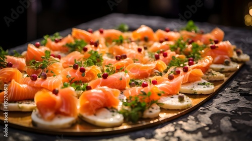 Beautifully Presented Salmon Hors D oeuvres Served on a Platter at an Upscale Formal Event or photo