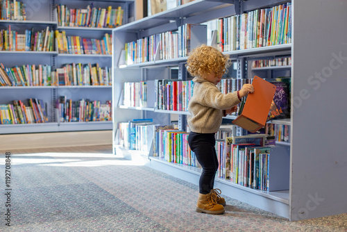 A toddler with curly hair wearing a sweater and boots is selecting a book from a shelf in a library. Cleveland, Ohio, USA photo