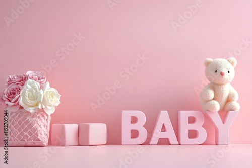 Wallpaper Mural Baby-themed room decorations with pastel colors and teddy bear setup. AI generated image Baby shower Torontodigital.ca