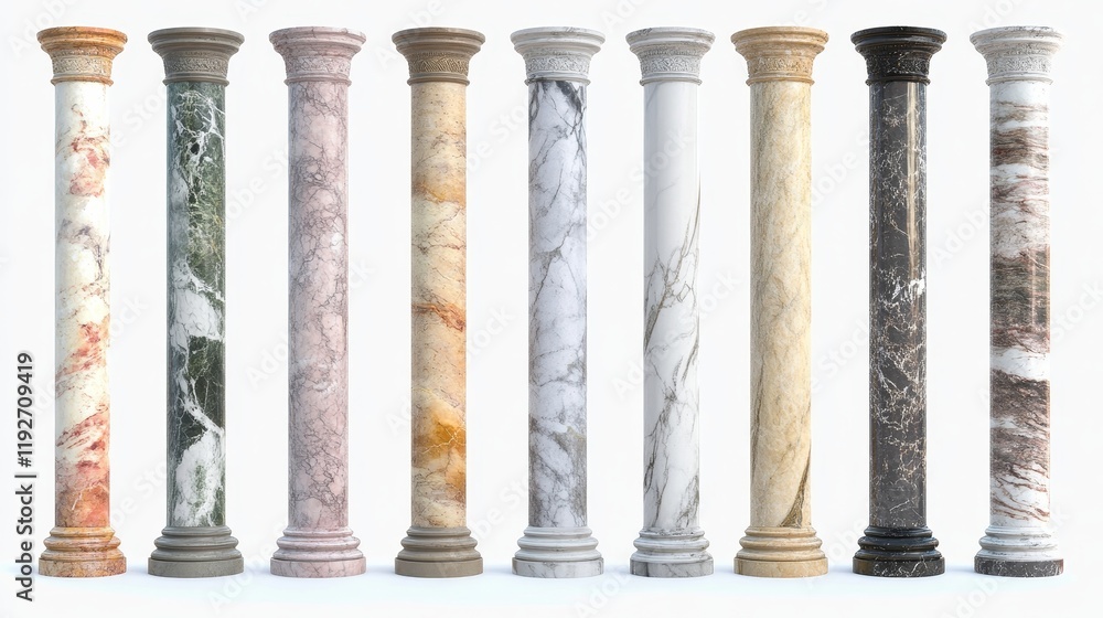 White Marble Columns Showcasing Various Architectural Styles, Isolated on White Background, Classic, Elegant, Historical, Structural Design White Marble Columns Showcasing Various Architectural Styles, Isolated on White Background, Classic, Elegant, Historical, Structural Design