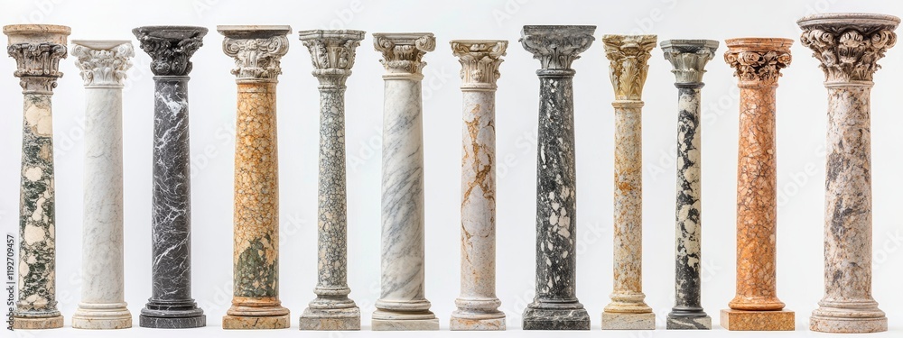 White Marble Columns Showcasing Various Architectural Styles, Isolated on White Background, Classic, Elegant, Historical, Structural Design White Marble Columns Showcasing Various Architectural Styles, Isolated on White Background, Classic, Elegant, Historical, Structural Design