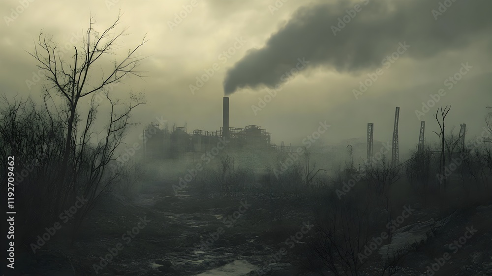 A desolate industrial landscape where a factory looms in the distance, belching dark smoke into the air. The surrounding area is filled with dead, leafless trees, and the air is thick with haze, A desolate industrial landscape where a factory looms in the distance, belching dark smoke into the air. The surrounding area is filled with dead, leafless trees, and the air is thick with haze,