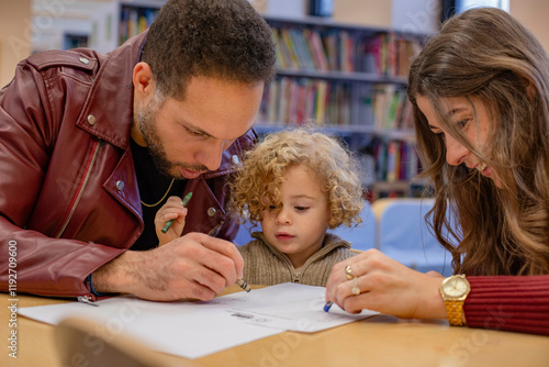 A child observes intently as two adults focus on writing something on a paper in a library setting. Cleveland, Ohio, USA