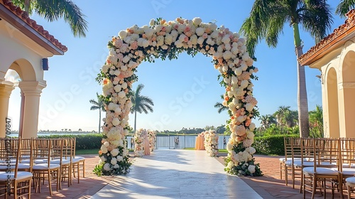 A floral arch adorned with blooms in carefully selected custom colors, matching the theme of the event. The delicate arrangement of flowers adds a personalized touch, creating a stunning and 