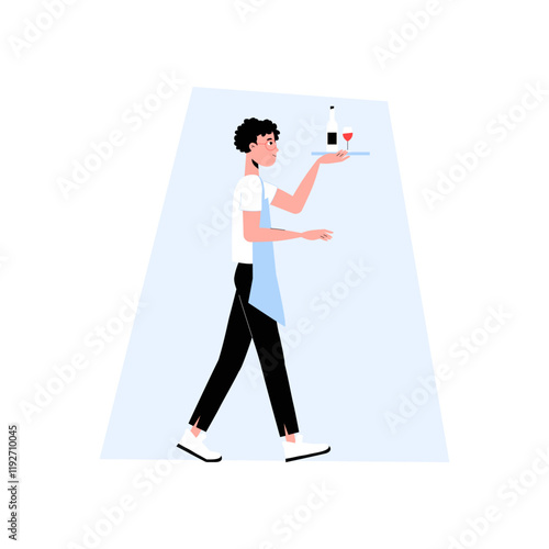 Male Waiter Carrying Wine Bottle And Glass In Flat Vector Illustration Symbolizing Service, Beverage Delivery, And Hospitality, Isolated On White Background.