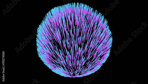 Illustration, A vibrant, abstract sphere composed of purple and cyan lines radiating outward against a black background, resembling a digital explosion or a dynamic energy burst.