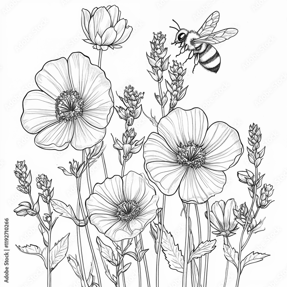 custom made wallpaper toronto digitalColoring page, a hardworking bee collects nectar in a flowering field to make honey
