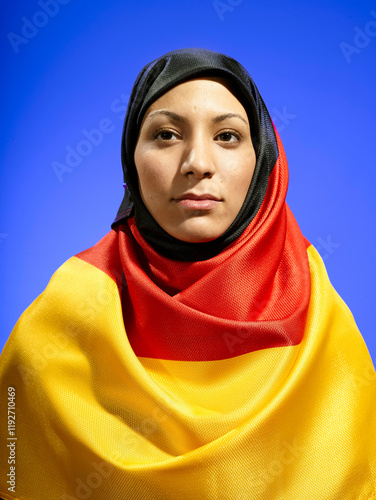 Portrait of a woman with a German flag as headscarf against a blue background photo