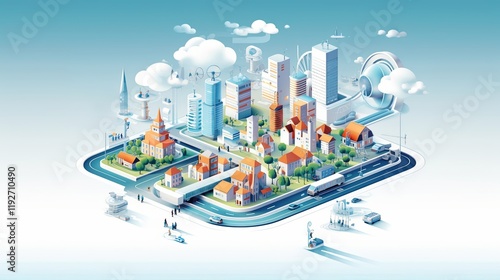 3d isometric smart city AI generated illustration. Energy power technology iot concept. Global network connection with engineering networks, green electric power