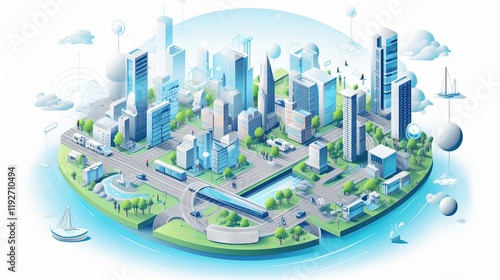 3d isometric smart city AI generated illustration. Energy power technology iot concept. Global network connection with engineering networks, green electric power