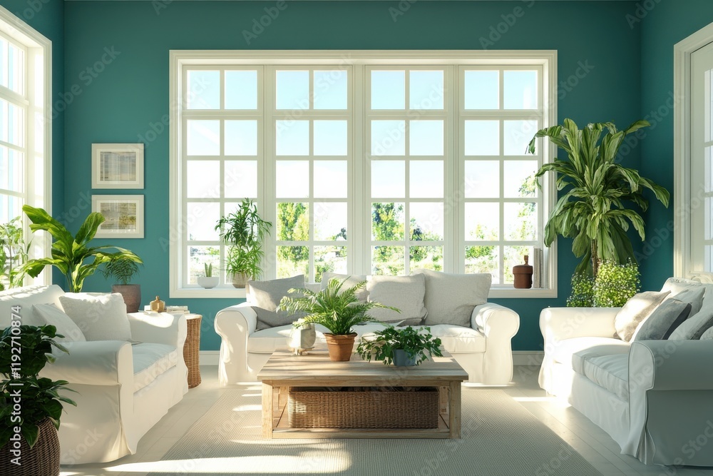Fototapeta premium Sunlit living room with white sofas and abundant greenery in front of large windows