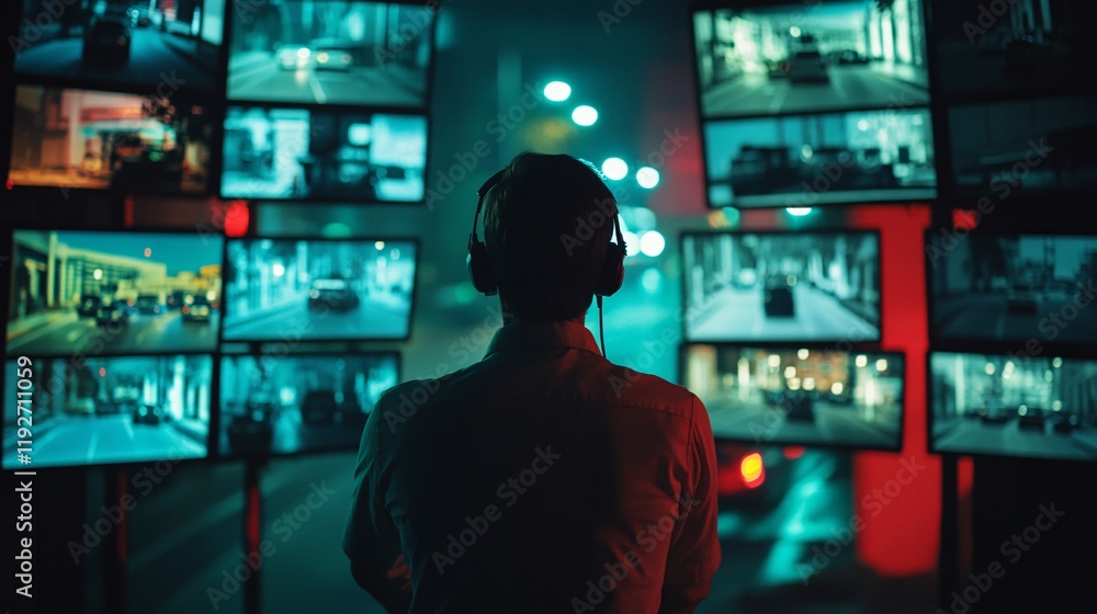 Security guard monitoring modern CCTV cameras in surveillance room. Concept of security and surveillance. Security guard monitoring modern CCTV cameras in surveillance room. Concept of security and surveillance.