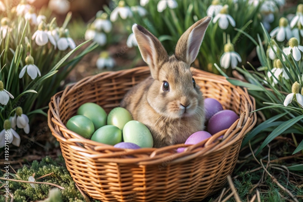 The banner. Easter bunny in a basket with colorful Easter eggs around spring snowdrops and primroses. The concept of the Easter spring festival. The banner. Easter bunny in a basket with colorful Easter eggs around spring snowdrops and primroses. The concept of the Easter spring festival.