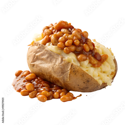 a plate of delicious baked potato with baked beans on transparent background
