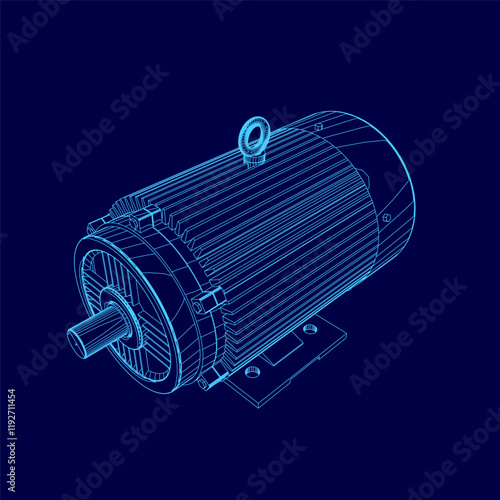 Blue drawing of a motor. The motor is shown in a 3D format. The motor is a large, powerful piece of machinery