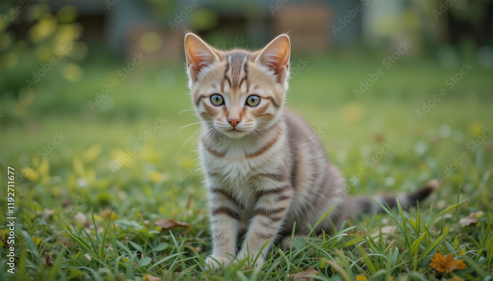 cat in the grass, Striped Kitten Sitting in Lush Green Garden cat in the grass, Striped Kitten Sitting in Lush Green Garden