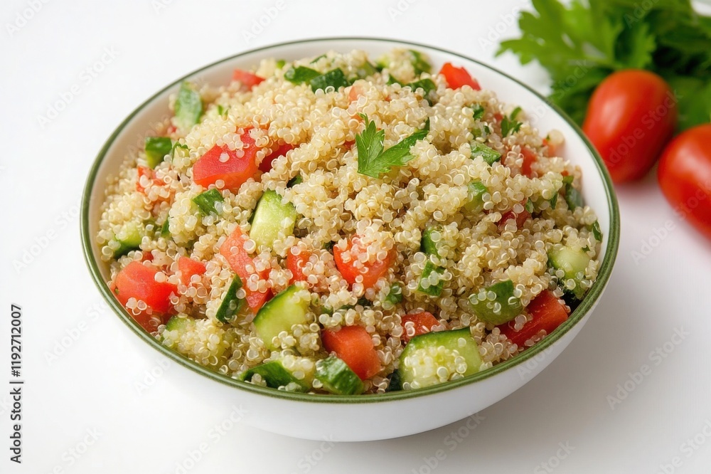Quinoa salad with fresh cucumbers, tomatoes, and parsley, served in a bowl on a white background Quinoa salad with fresh cucumbers, tomatoes, and parsley, served in a bowl on a white background