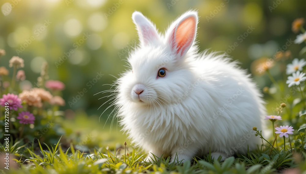 Fluffy White Rabbit Sitting on Green Grass in a Colorful Garden Fluffy White Rabbit Sitting on Green Grass in a Colorful Garden