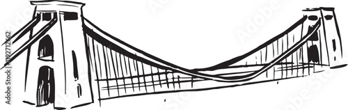 Clifton Suspension Bridge, Bristol, England black and white ink sketch. Iconic Victorian engineering landmark with design spanning the Avon Gorge. Perfect for tourism, travel, and cultural heritage