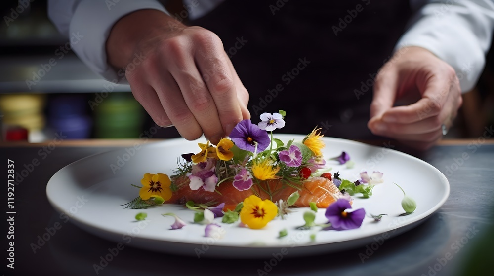 Professional Chef Arranging a Plate of Delicate Salmon Tartare Garnished with Vibrant Edible Flowers on a Minimalist Studio Backdrop