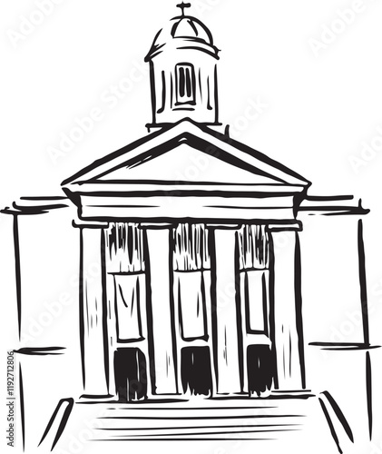 St George's, Bristol, England facade black and white ink sketch. Neoclassical architecture,  elegant columns, historic concert venue. Cultural landmark illustration. Tourism, travel, arts.