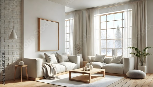 minimalist living room bathed in natural light from a large window. Frame mockup, Living room wall poster mockup. Interior mockup with house background. Modern interior design. 