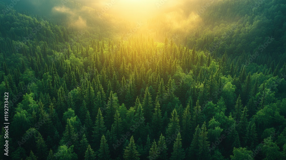 Obraz premium Serene Aerial View of Lush Green Forest Illuminated by Soft Morning Light with Misty Atmosphere and Vibrant Vegetation in a Peaceful Natural Landscape