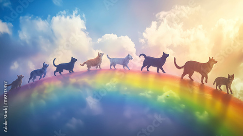 An illustration of a group of dogs and cats walking together across a vibrant rainbow bridge under a glowing sky, symbolizing unity and eternal companionship. Concept of pet loss.