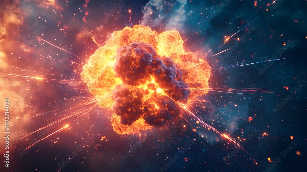 Obraz premium A conceptual image blending the process of nuclear fission with an artistic interpretation of atomic particles colliding and splitting, with radiant energy beams and colorful force lines illustrating 