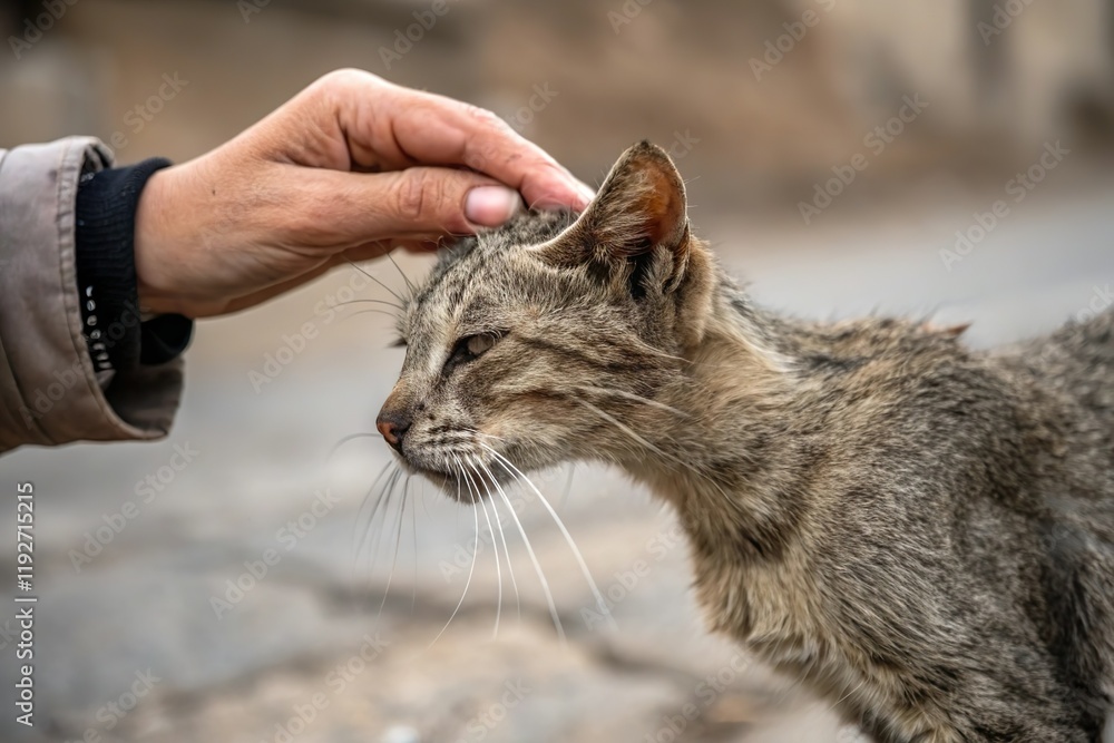 Hand petting stray cat on street. Animal kindness Hand petting stray cat on street. Animal kindness