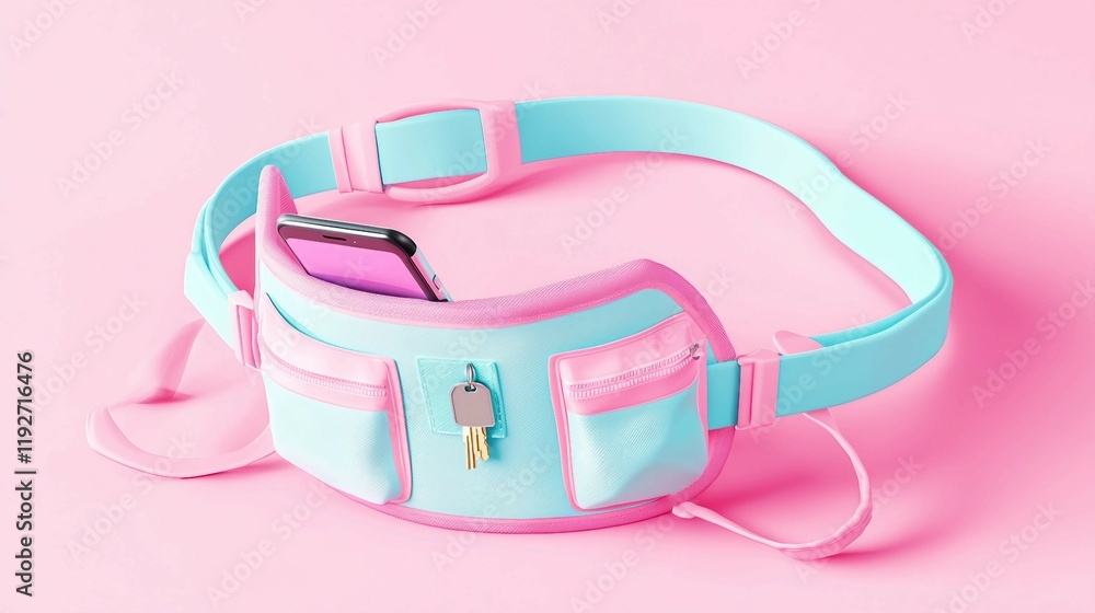 Stylish and Modern Fanny Pack with Smartphone Holder on Pink Background Stylish and Modern Fanny Pack with Smartphone Holder on Pink Background