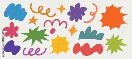 Vibrant collection of colourful futuristic abstract shapes, stars, flowers and swirling lines. Design of trendy retro Groovy in Y2K style. Perfect for creative projects or decorative artwork