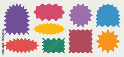 Collection of colourful abstract zig zag wavy frames in different shapes with space for text. Stickers set in rectangle, circle, oval and arc shapes. Vector illustration
